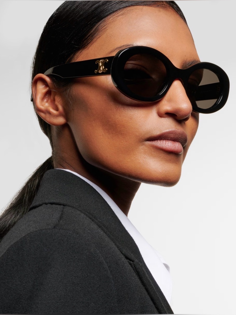 Celine Eyewear Triomphe 01 Oval Sunglasses Black With Gold Logo Unisex